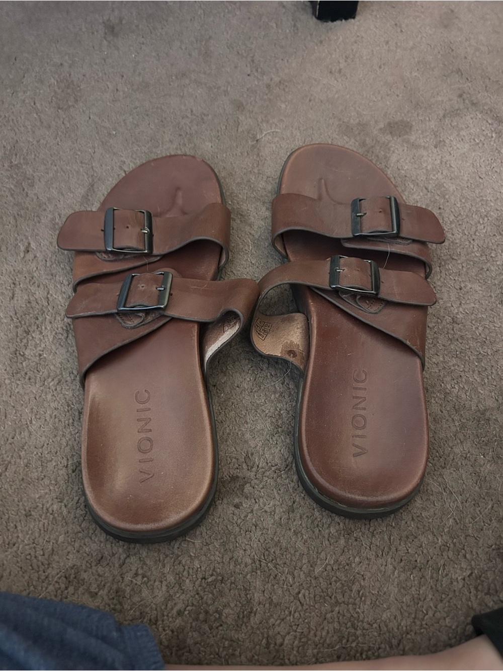 Vionic Brown Leather Double-Buckle Slide Sandals